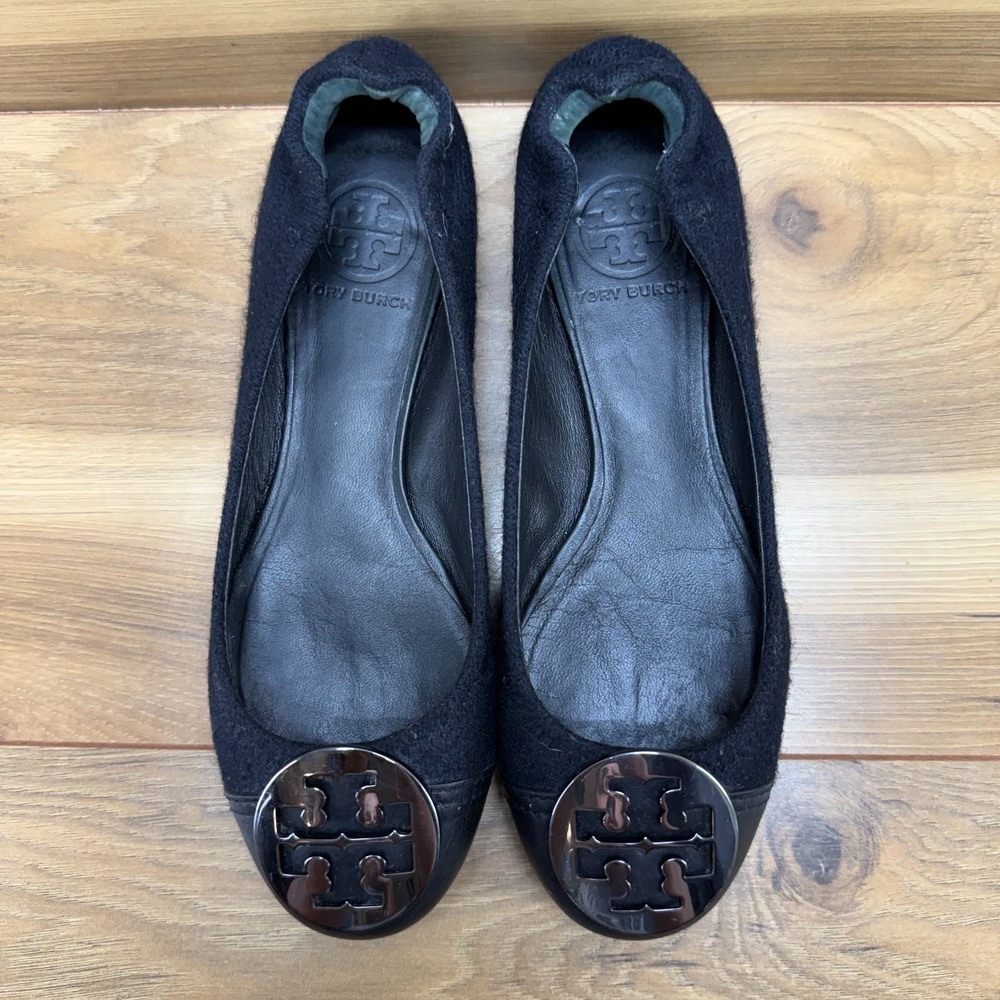 Tory Burch Reva Flats Womens 6.5 M Felt Leather Cap Toe Gunmetal‎